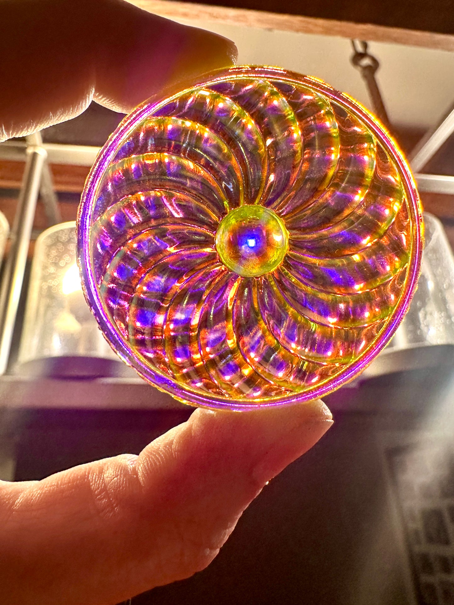 50mm Round Pinwheel in Uranium/Depression/Vaseline Glass Jewel - UV Reactive - Glows Under Blacklight