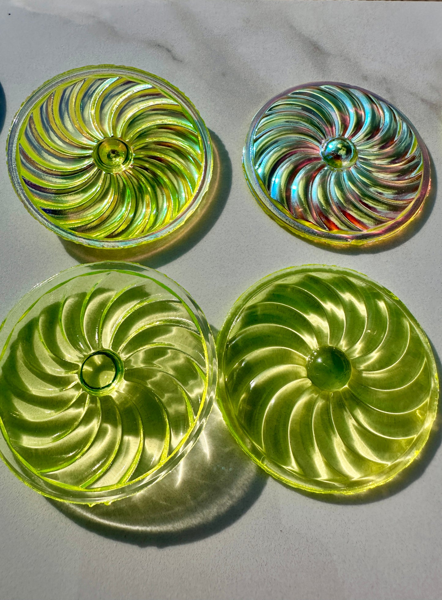 50mm Round Pinwheel in Uranium/Depression/Vaseline Glass Jewel - UV Reactive - Glows Under Blacklight