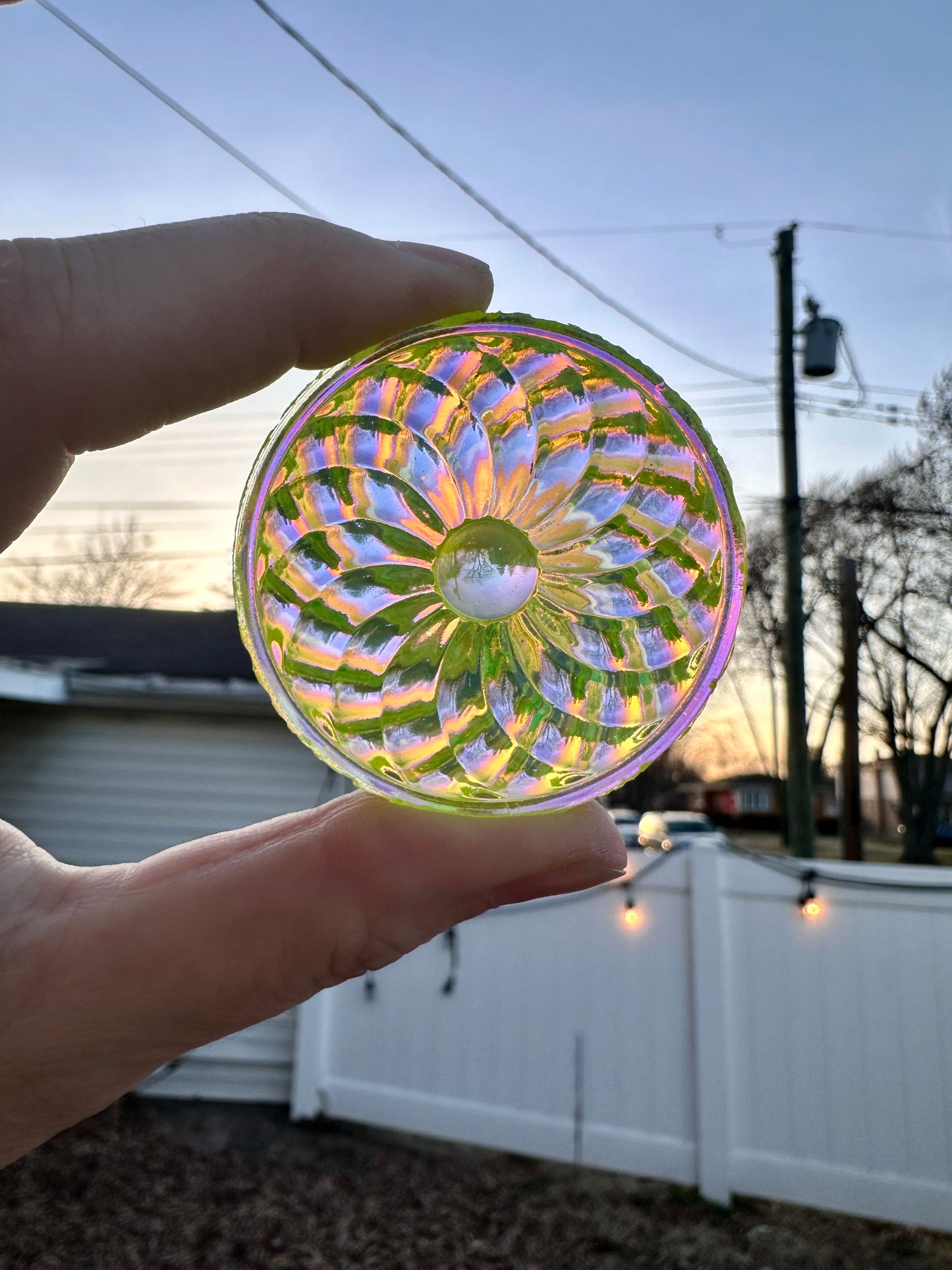 50mm Round Pinwheel in Uranium/Depression/Vaseline Glass Jewel - UV Reactive - Glows Under Blacklight